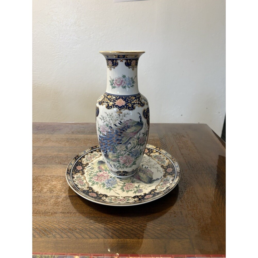 Vintage Decorative Peacock Floral Multicolored Japanese Vase And Plate Set